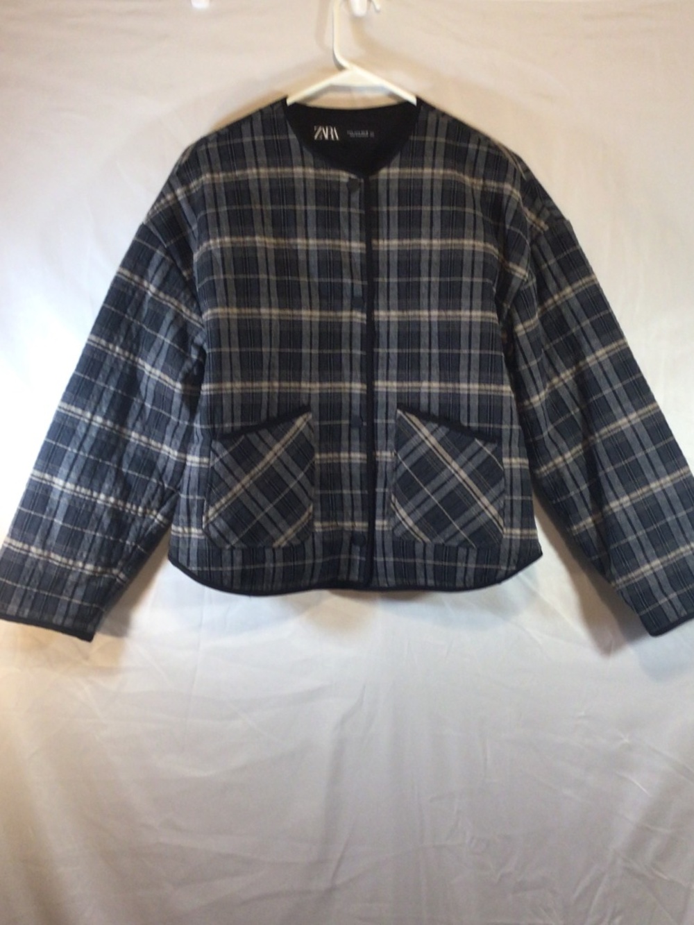 Zara women quilted plaid jacket navy blue S blanket pockets dark academia preppy